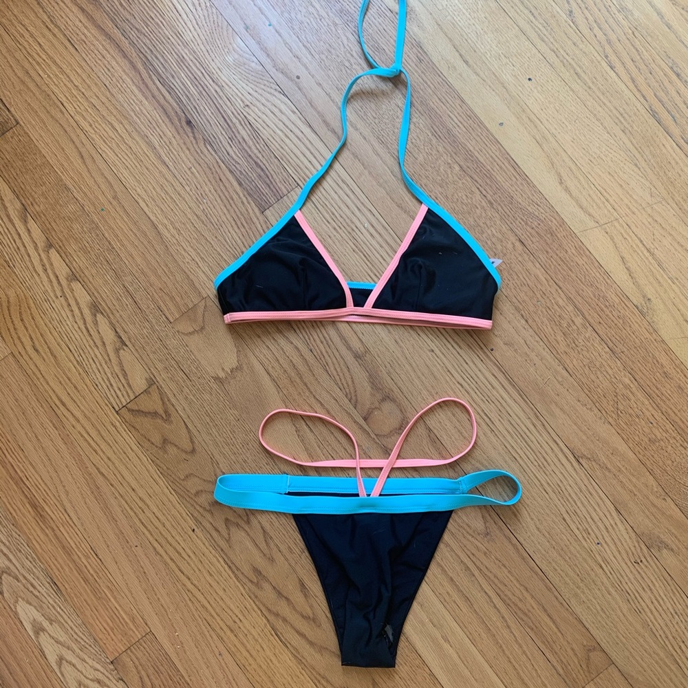 strappy black & neon bikini set